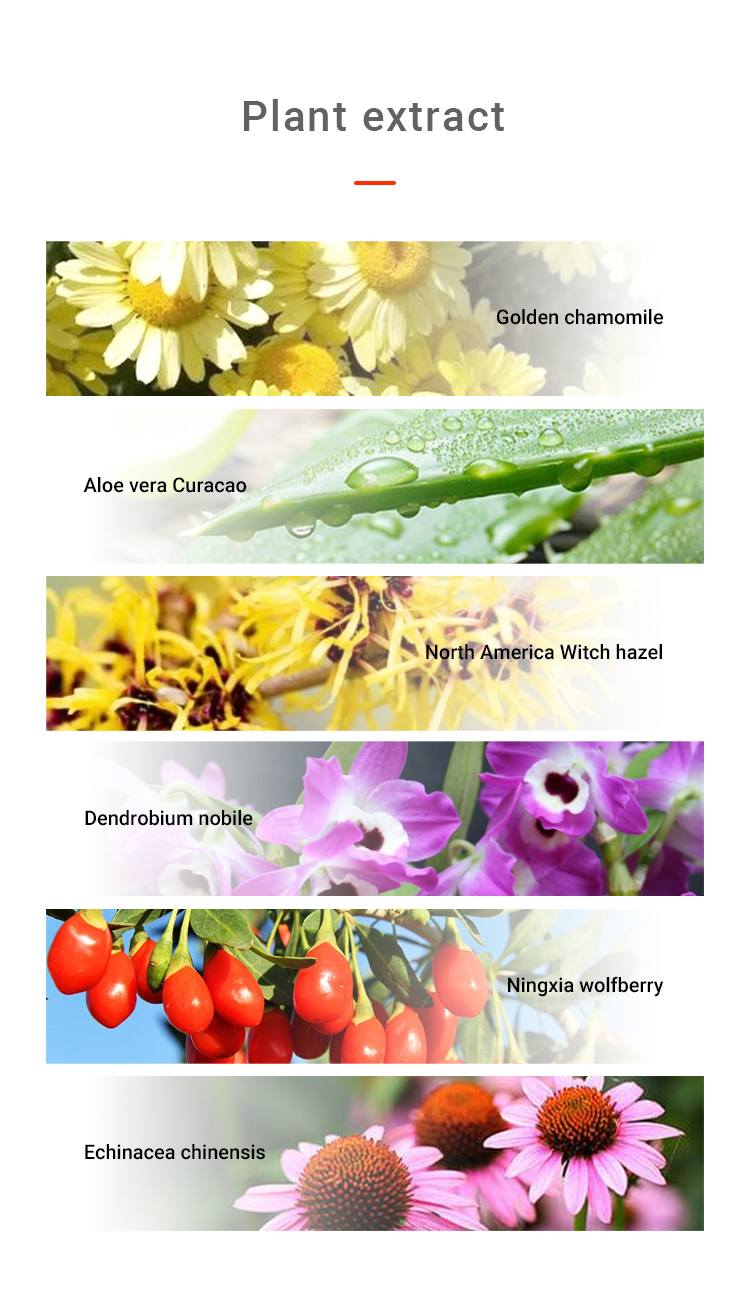9 kinds of extract ingredients, added in sufficient amount, calendula extract, golden chamomile extract, purslane extract, golden loumei extract, aloe vera extract, dendrobium nobile extract, flavescens extract, Lycium barbarum extract, Echinacea purpurea extract.
